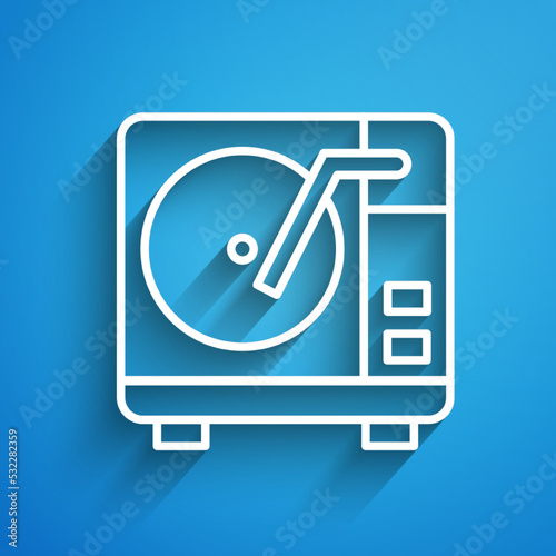 White line Vinyl player with a vinyl disk icon isolated on blue background. Long shadow. Vector