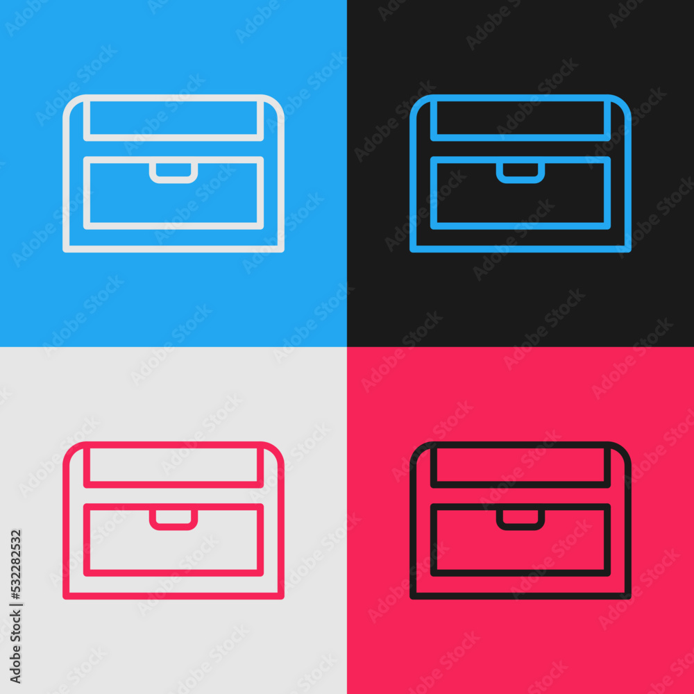 Pop art line Antique treasure chest icon isolated on color background. Vintage wooden chest with golden coin. Vector Pop art line Antique treasure chest icon isolated on color background. Vintage wooden chest with golden coin. Vector