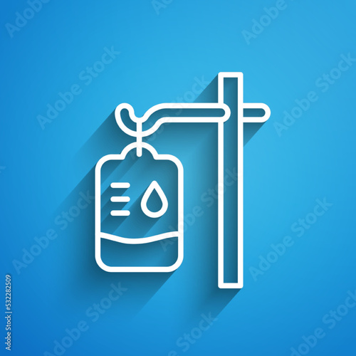 White line IV bag icon isolated on blue background. Blood bag. Donate blood concept. The concept of treatment and therapy, chemotherapy. Long shadow. Vector
