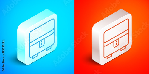 Isometric line Jewelry box icon isolated on blue and red background. Casket with jewelry. Silver square button. Vector