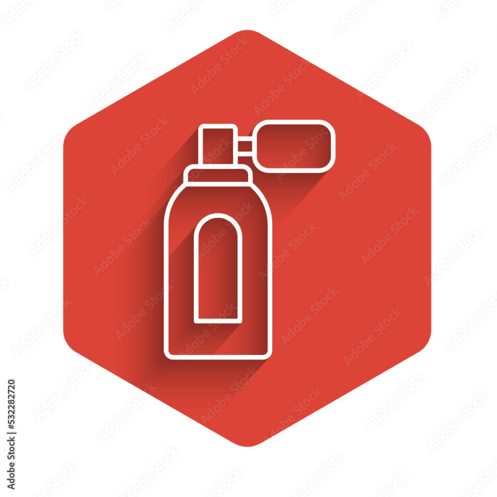 White line Aftershave bottle with atomizer icon isolated with long shadow background. Cologne spray icon. Male perfume bottle. Red hexagon button. Vector White line Aftershave bottle with atomizer icon isolated with long shadow background. Cologne spray icon. Male perfume bottle. Red hexagon button. Vector