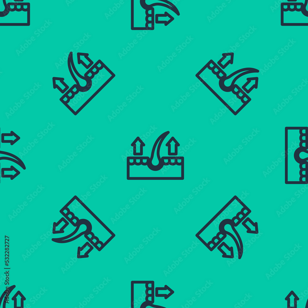Blue line Human hair follicle icon isolated seamless pattern on green background. Hair care treatment. Vector Blue line Human hair follicle icon isolated seamless pattern on green background. Hair care treatment. Vector