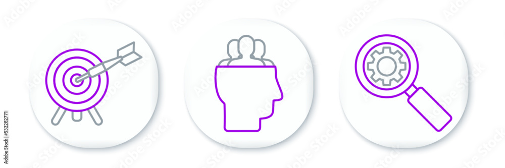 Set line Magnifying glass and gear, Target with arrow and Project team base icon. Vector Set line Magnifying glass and gear, Target with arrow and Project team base icon. Vector
