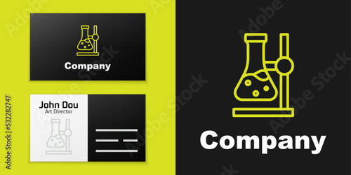 Logotype line Glass test tube flask on stand icon isolated on black background. Laboratory equipment. Logo design template element. Vector
