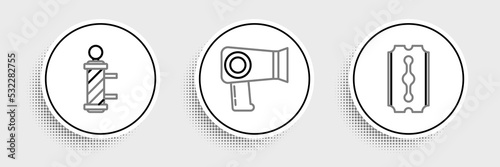 Set line Blade razor, Classic Barber shop pole and Hair dryer icon. Vector