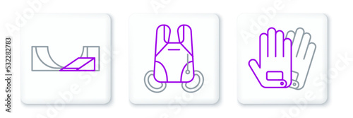 Set line Gloves, Skate park and Parachute icon. Vector