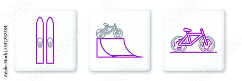 Set line Bicycle, Ski and sticks and on street ramp icon. Vector
