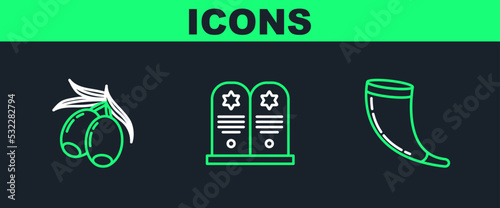 Set line Traditional ram horn, shofar, Olives branch and Tombstone with star david icon. Vector