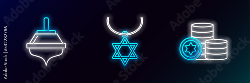 Set line Jewish coin, Hanukkah dreidel and Star of David necklace on chain icon. Glowing neon. Vector