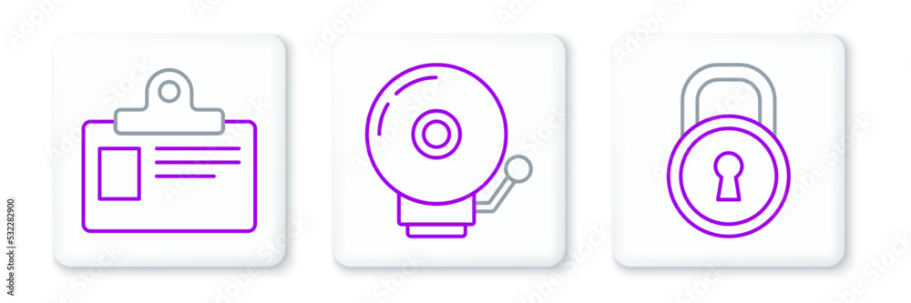 Set line Lock, Identification badge and Ringing alarm bell icon. Vector Set line Lock, Identification badge and Ringing alarm bell icon. Vector