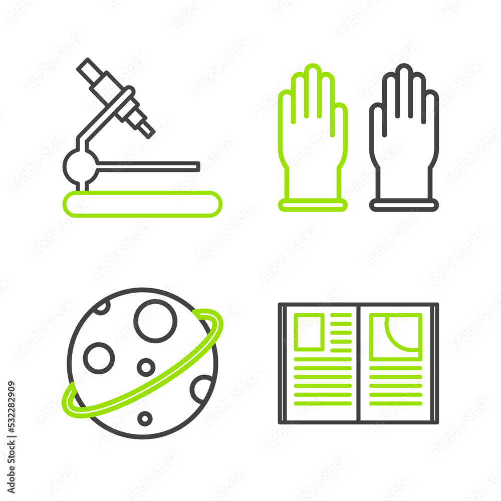 Fototapeta premium Set line Open book, Planet, Rubber gloves and Microscope icon. Vector