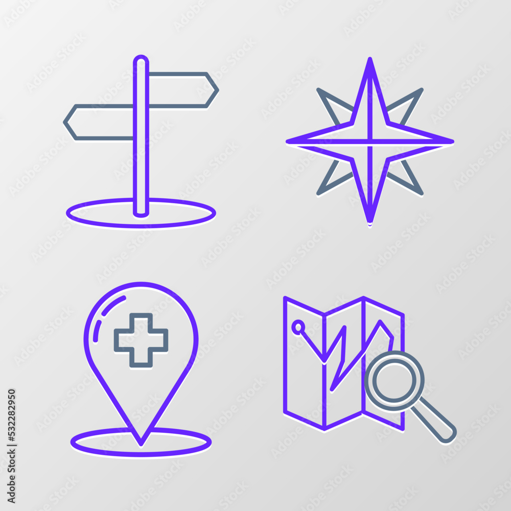 Set line Folded map with location marker, Location the globe, Wind rose and Road traffic sign icon. Vector Set line Folded map with location marker, Location the globe, Wind rose and Road traffic sign icon. Vector