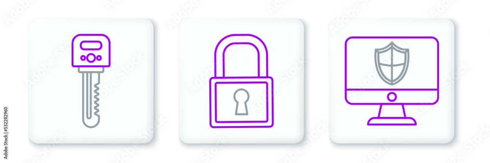 Set line Computer monitor and shield, Key and Lock icon. Vector Set line Computer monitor and shield, Key and Lock icon. Vector
