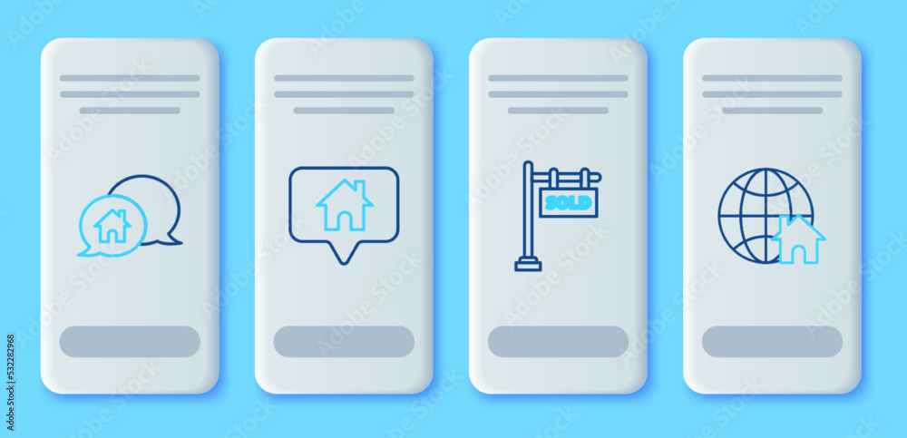 Set line Map pointer with house, Hanging sign text Sold, House building speech bubble and Globe symbol icon. Vector Set line Map pointer with house, Hanging sign text Sold, House building speech bubble and Globe symbol icon. Vector