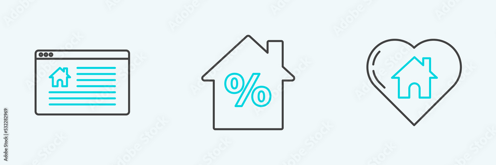 Set line House with heart shape, Hanging sign text Online Sale and percant discount tag icon. Vector Set line House with heart shape, Hanging sign text Online Sale and percant discount tag icon. Vector