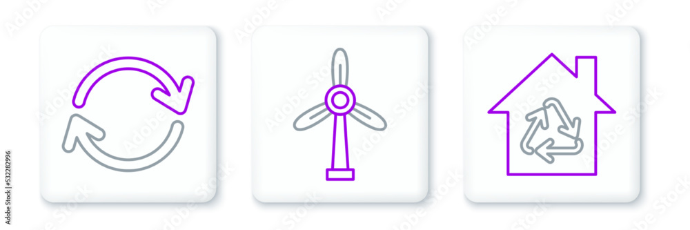 Set line Eco House with recycling symbol, Refresh and Wind turbine icon. Vector Set line Eco House with recycling symbol, Refresh and Wind turbine icon. Vector