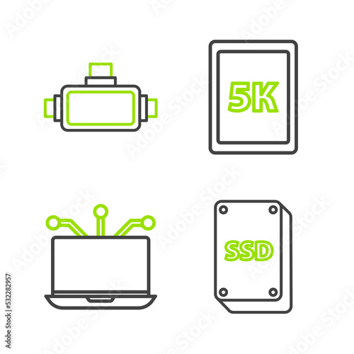 Set line SSD card, Laptop, Tablet with text 5k and Virtual reality glasses icon. Vector