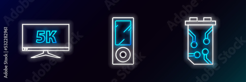 Set line Video graphic card, Monitor display with 5k video and Music player icon. Glowing neon. Vector