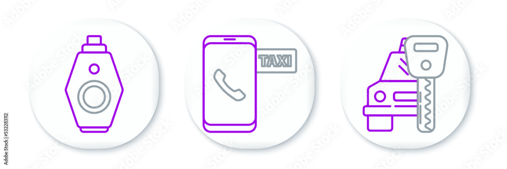 Set line Car rental, key with remote and Taxi call telephone service icon. Vector Set line Car rental, key with remote and Taxi call telephone service icon. Vector