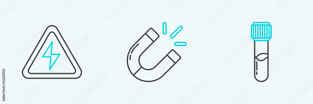 Set line Test tube and flask chemical, High voltage sign and Magnet icon. Vector Set line Test tube and flask chemical, High voltage sign and Magnet icon. Vector