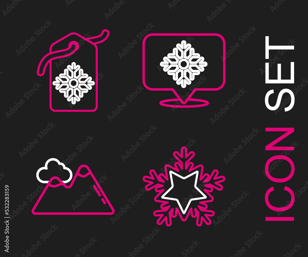 Set line Snowflake, Mountains, with speech bubble and Price tag an inscription Sale icon. Vector Set line Snowflake, Mountains, with speech bubble and Price tag an inscription Sale icon. Vector