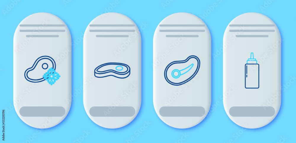 Set line Steak meat, Fresh frozen steak and Sauce bottle icon. Vector Set line Steak meat, Fresh frozen steak and Sauce bottle icon. Vector
