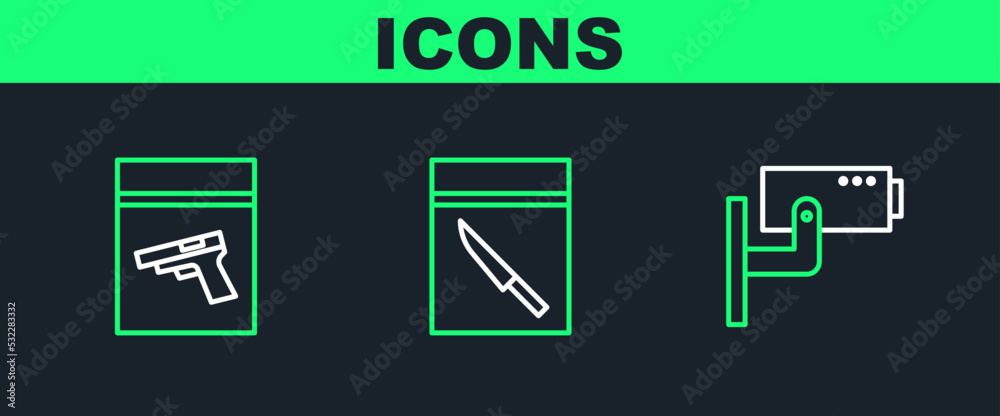 Set line Security camera, Evidence bag and pistol or gun and knife icon. Vector Set line Security camera, Evidence bag and pistol or gun and knife icon. Vector