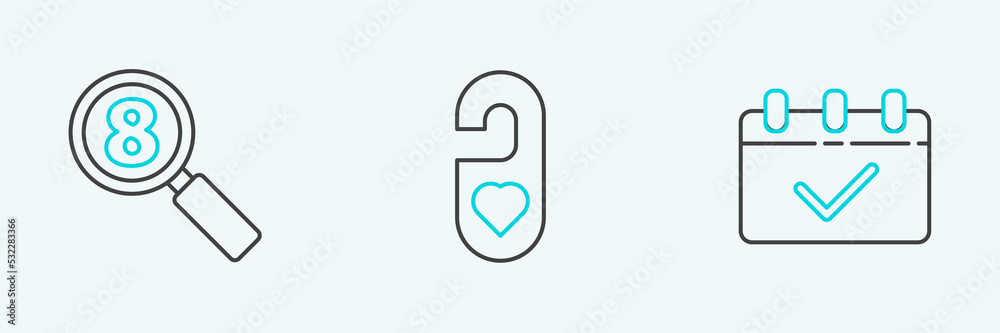 Set line Calendar with 8 March, Search and Please do not disturb heart icon. Vector Set line Calendar with 8 March, Search and Please do not disturb heart icon. Vector