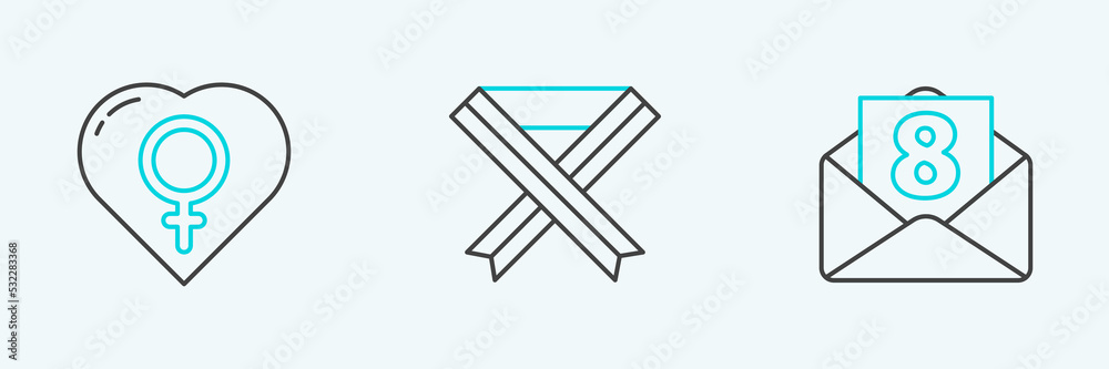 Set line Envelope with 8 March, Female gender in heart and Breast cancer awareness ribbon icon. Vector Set line Envelope with 8 March, Female gender in heart and Breast cancer awareness ribbon icon. Vector