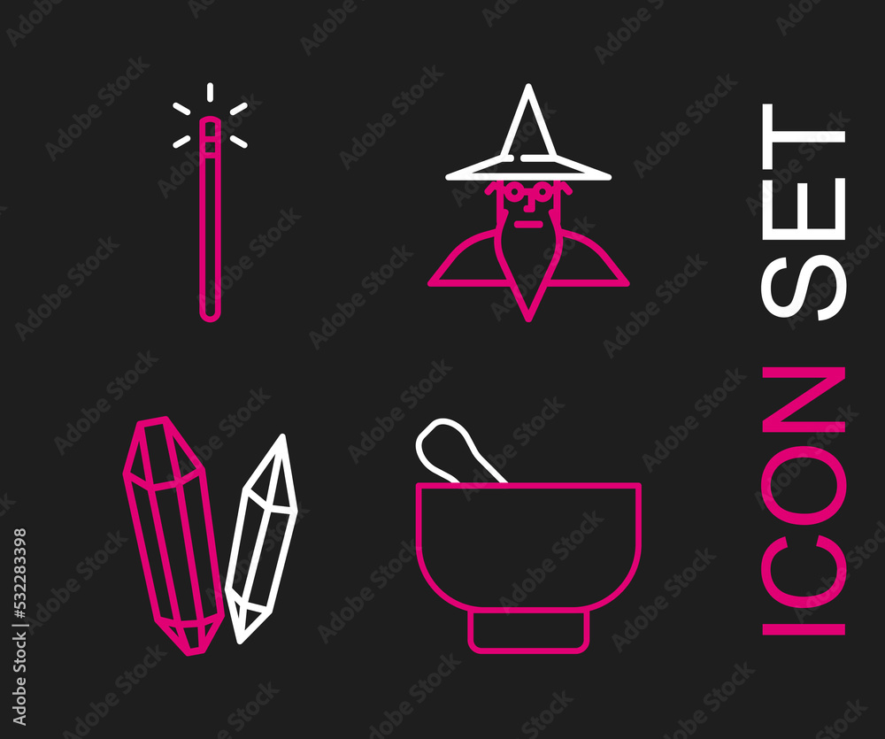 Set line Magic mortar and pestle, stone, Wizard warlock and wand icon. Vector Set line Magic mortar and pestle, stone, Wizard warlock and wand icon. Vector