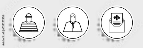Set line Subpoena, Prisoner and Lawyer, attorney, jurist icon. Vector