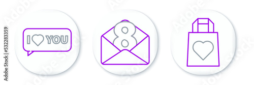 Set line Shopping bag with heart, Speech bubble I love you and Envelope 8 March icon. Vector