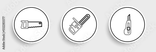 Set line Stationery knife, Hand saw and Chainsaw icon. Vector