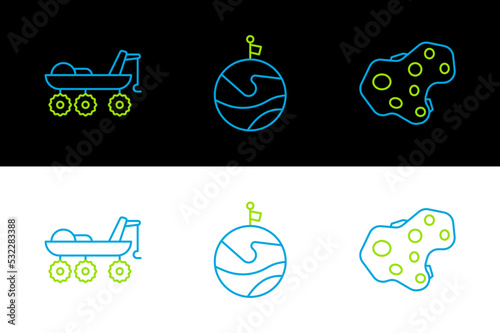 Set line Asteroid, Mars rover and Moon with flag icon. Vector