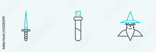 Set line Wizard warlock, Dagger and Bottle with love potion icon. Vector