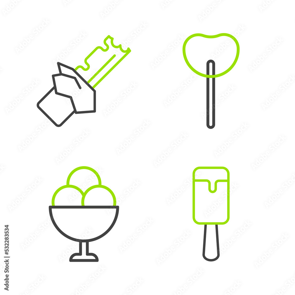 Set line Ice cream, in bowl, Lollipop and Bitten chocolate bar icon. Vector Set line Ice cream, in bowl, Lollipop and Bitten chocolate bar icon. Vector