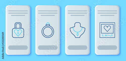 Set line Diamond engagement ring, Necklace mannequin, Lock and heart and Photo frames hearts icon. Vector