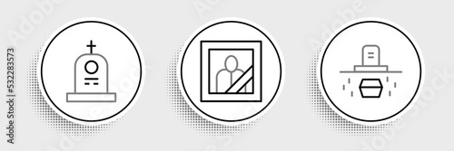 Set line Grave with coffin, tombstone and Mourning photo frame icon. Vector