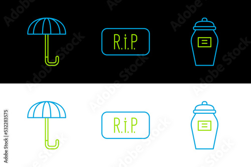 Set line Funeral urn, Umbrella and Speech bubble rip death icon. Vector