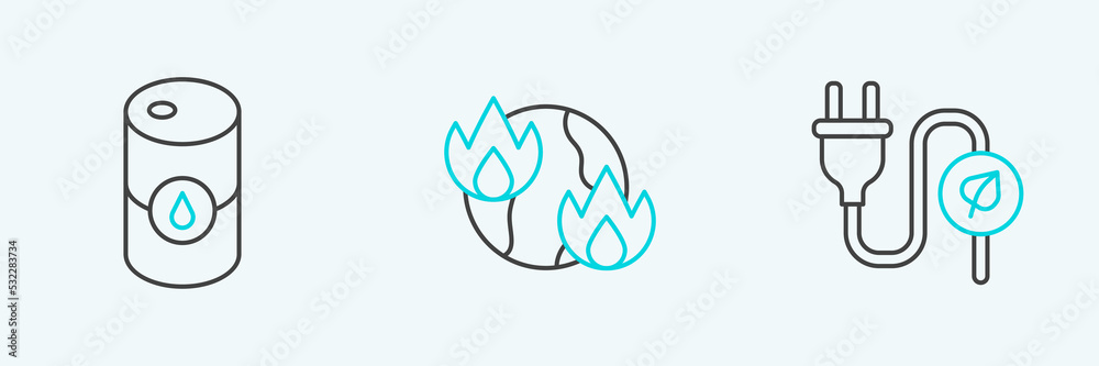 Set line Electric saving plug in leaf, Barrel oil and Global warming fire icon. Vector