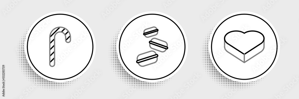 Set line Candy in heart shaped box, Christmas candy cane and Macaron cookie icon. Vector Set line Candy in heart shaped box, Christmas candy cane and Macaron cookie icon. Vector