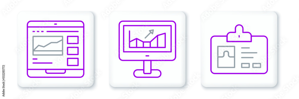 Set line Identification badge, Trading courses and Computer with growth graph icon. Vector Set line Identification badge, Trading courses and Computer with growth graph icon. Vector