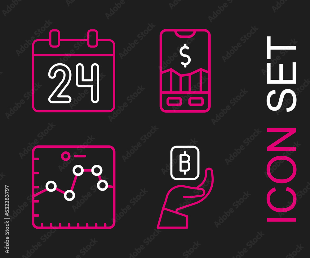 Set line Hand holding Bitcoin, Browser with growth graph, Mobile stock trading and Calendar icon. Vector Set line Hand holding Bitcoin, Browser with growth graph, Mobile stock trading and Calendar icon. Vector