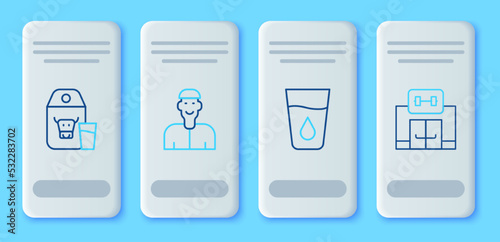 Set line Positive thinking, Glass with water, Paper package for milk and Gym building icon. Vector