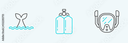Set line Diving mask, Whale tail ocean wave and Aqualung icon. Vector