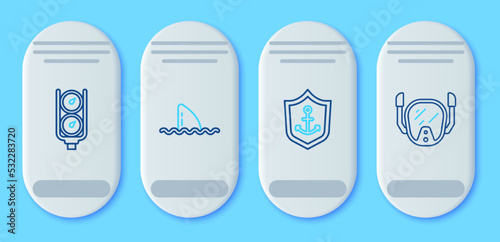 Set line Shark fin in ocean wave, Anchor inside shield, Gauge scale and Diving mask icon. Vector