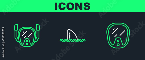 Set line Diving mask, and Shark fin ocean wave icon. Vector