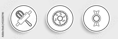 Set line Candy, Kitchen whisk rolling pin and Donut icon. Vector