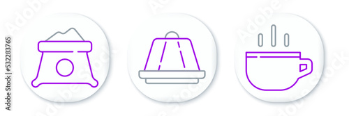 Set line Coffee cup, Bag flour and Pudding custard icon. Vector
