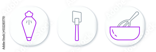 Set line Kitchen whisk and bowl, Pastry bag and Spatula icon. Vector